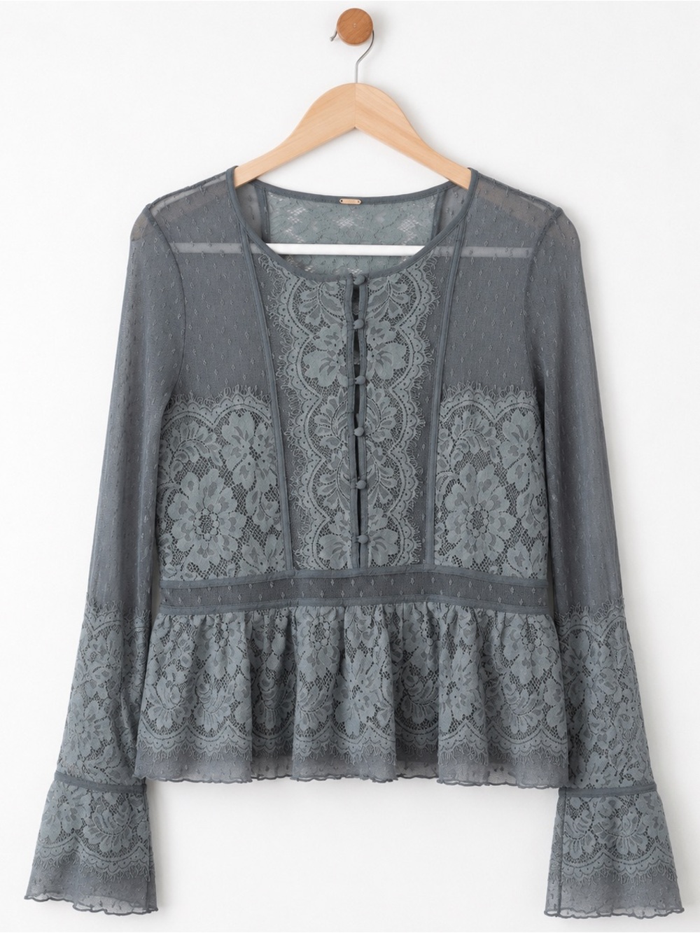 Free People Lace Blouse Grey Blue Top M
